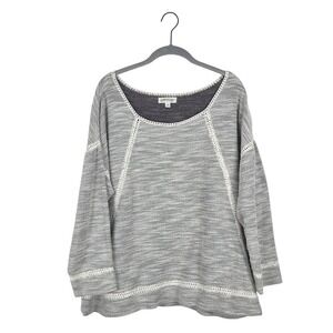 Orvis Womens Gray Cream Textured Knit Pullover Top M Crochet Trim Relaxed Casual